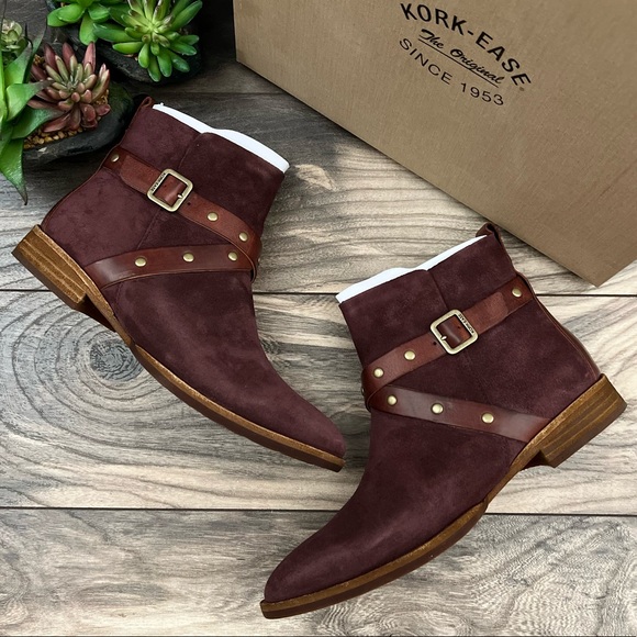 Kork-Ease Shoes - NIB Kork Ease Kenai Studded Ankle Boots Bootie Burgundy Suede Buckle Strap 8M